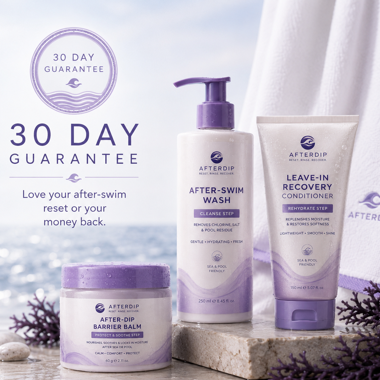 30-day money-back guarantee — love your after-swim reset or your money back